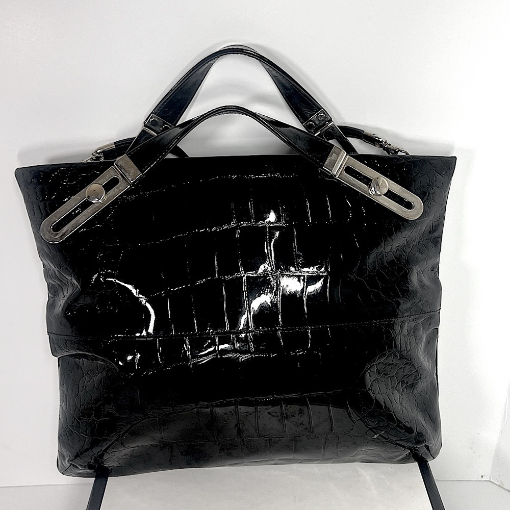 New DUE FRATELLI Canada Black Embossed Leather Medium Shoulder Bag Clutch Wallet